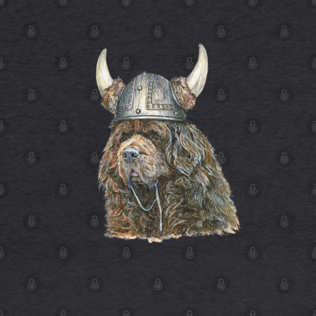 Newfoundland Dog in Viking Helmet with Horns by Prairie Dog Print